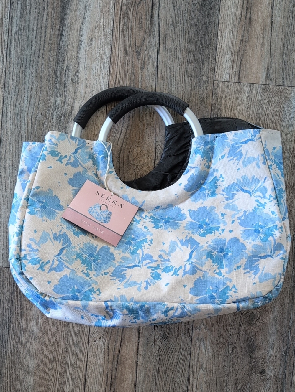 SERRA City Tote Blue and White Floral Tote with Aluminum Handles and Rubber Grip